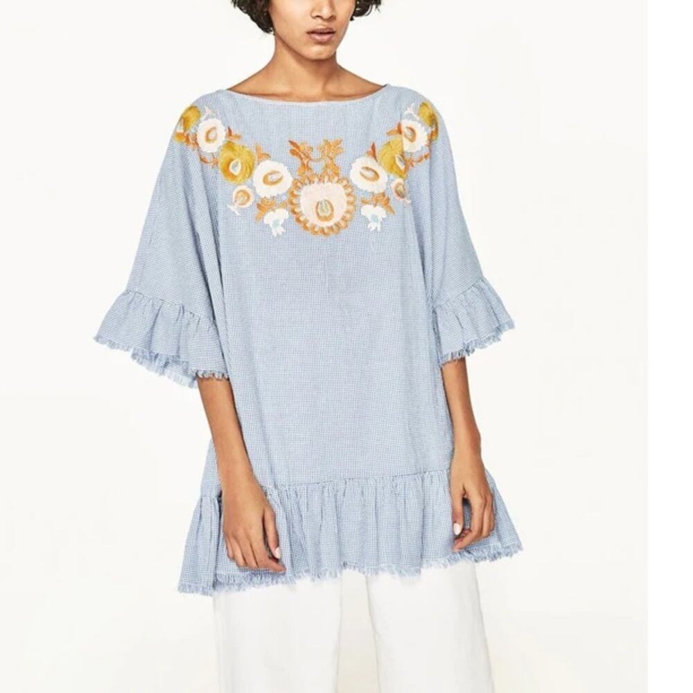 Zara Woman Blue White Gingham Check Floral Embroidered Tunic Top SZ Medium - Picture 10 of 11